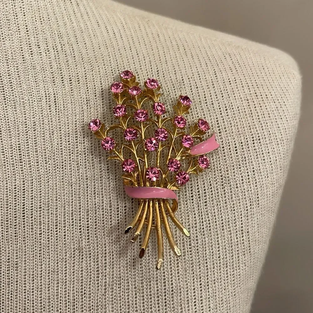 Vintage Pin Rhinestone Brooch Floral Bouquet with Pink Enamel Accents
